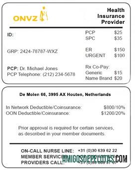 Cartão de seguro de saúde holandês amostra
